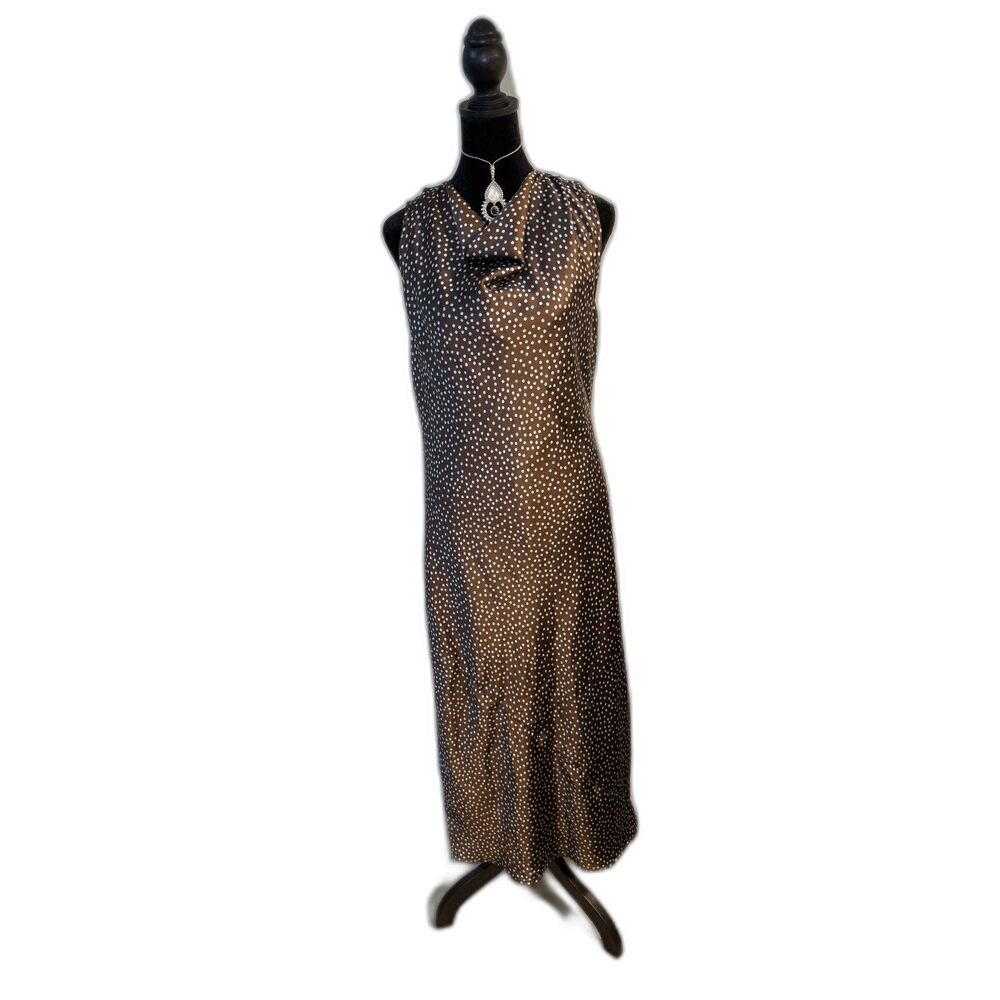 A New Day Brown Polka Dot Silky Slip Dress — Cowl Neck, Midi